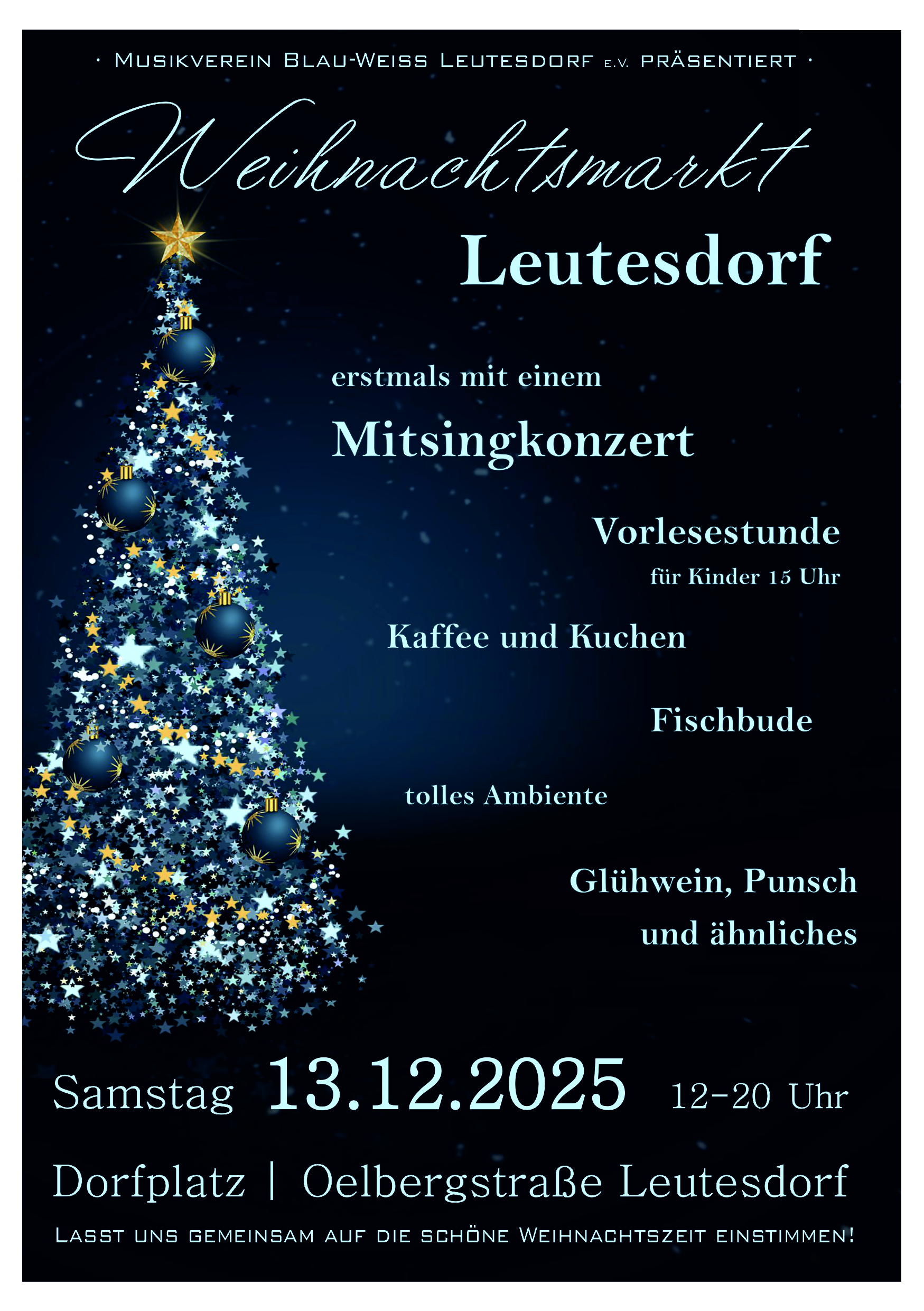 Einladung zum Weihnachtsmarkt 2025 in Leutesdorf, der vom Musikverein Blau-Weiß Leutesdorf e.V. am 13.12.2025 von 12 bis 20 Uhr ausgerichtet wird.